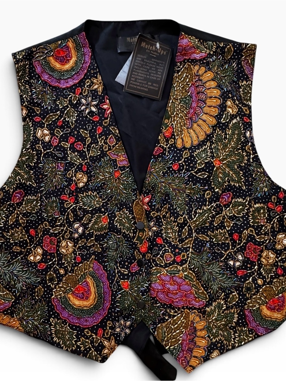 Match Black Embellished Beaded Women's Vest with Multicolor Floral Embroidery